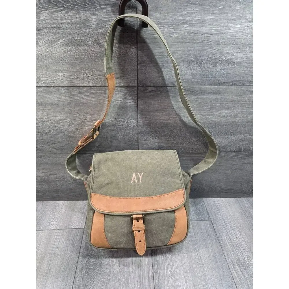 LL Bean Leather Canvas Crossbody Messenger Bag Olive Green Flap Utility B000759